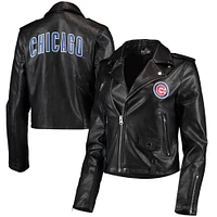 Women's The Wild Collective Black Chicago Cubs Faux Leather Moto Full-Zip Jacket