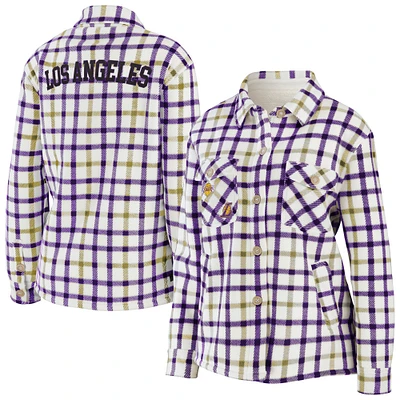 Women's WEAR by Erin Andrews Oatmeal/Purple Los Angeles Lakers Plaid Button-Up Shirt Jacket