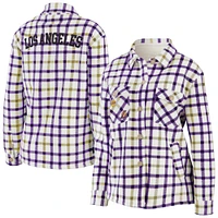 Women's WEAR by Erin Andrews Oatmeal/Purple Los Angeles Lakers Plaid Button-Up Shirt Jacket