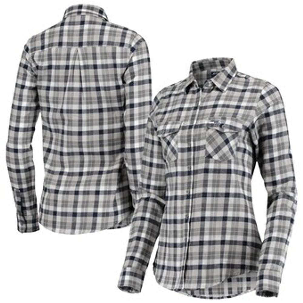 Women's Antigua College Navy/Gray Seattle Seahawks Ease Flannel Button-Up Long Sleeve Shirt