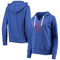 Women's Junk Food Royal New England Patriots Raw Edge Raglan Notch Neck Pullover Hoodie