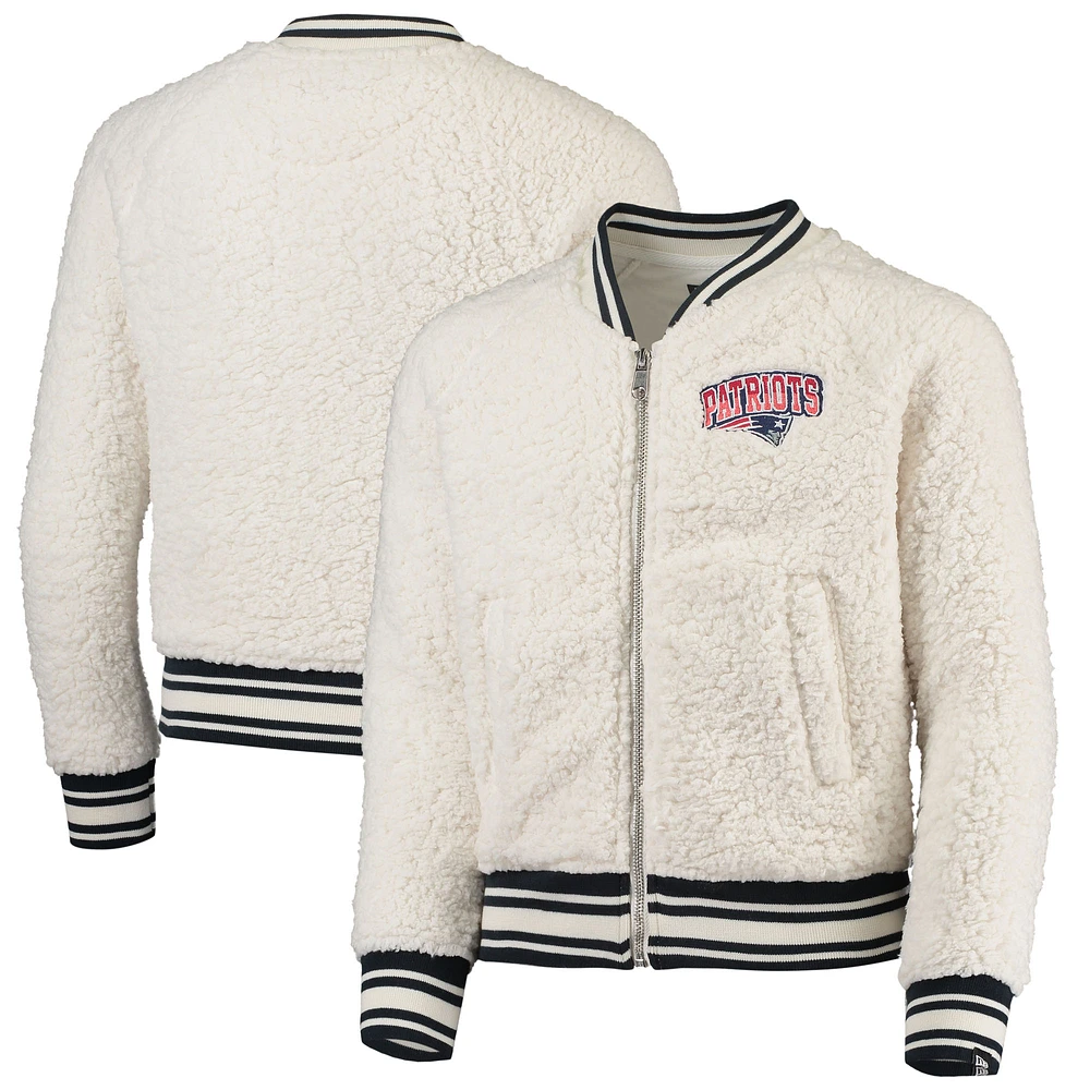 Girls Youth New Era Cream New England Patriots Sherpa Full-Zip Raglan Sweatshirt