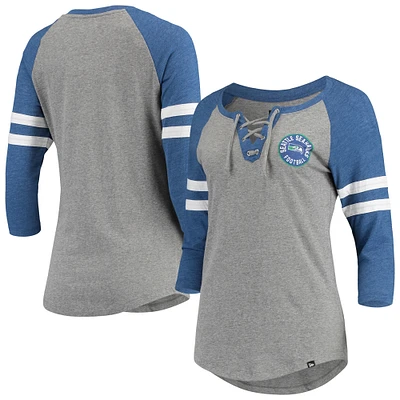 Women's New Era Heathered Gray Seattle Seahawks Throwback Raglan 3/4-Sleeve Lace-Up T-Shirt