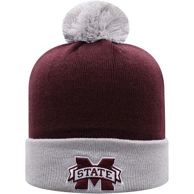 Men's Top of the World Maroon/Gray Mississippi State Bulldogs Core 2-Tone Cuffed Knit Hat with Pom