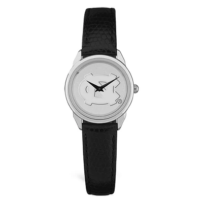 Women's North Carolina Tar Heels Silver Medallion Black Leather Wristwatch