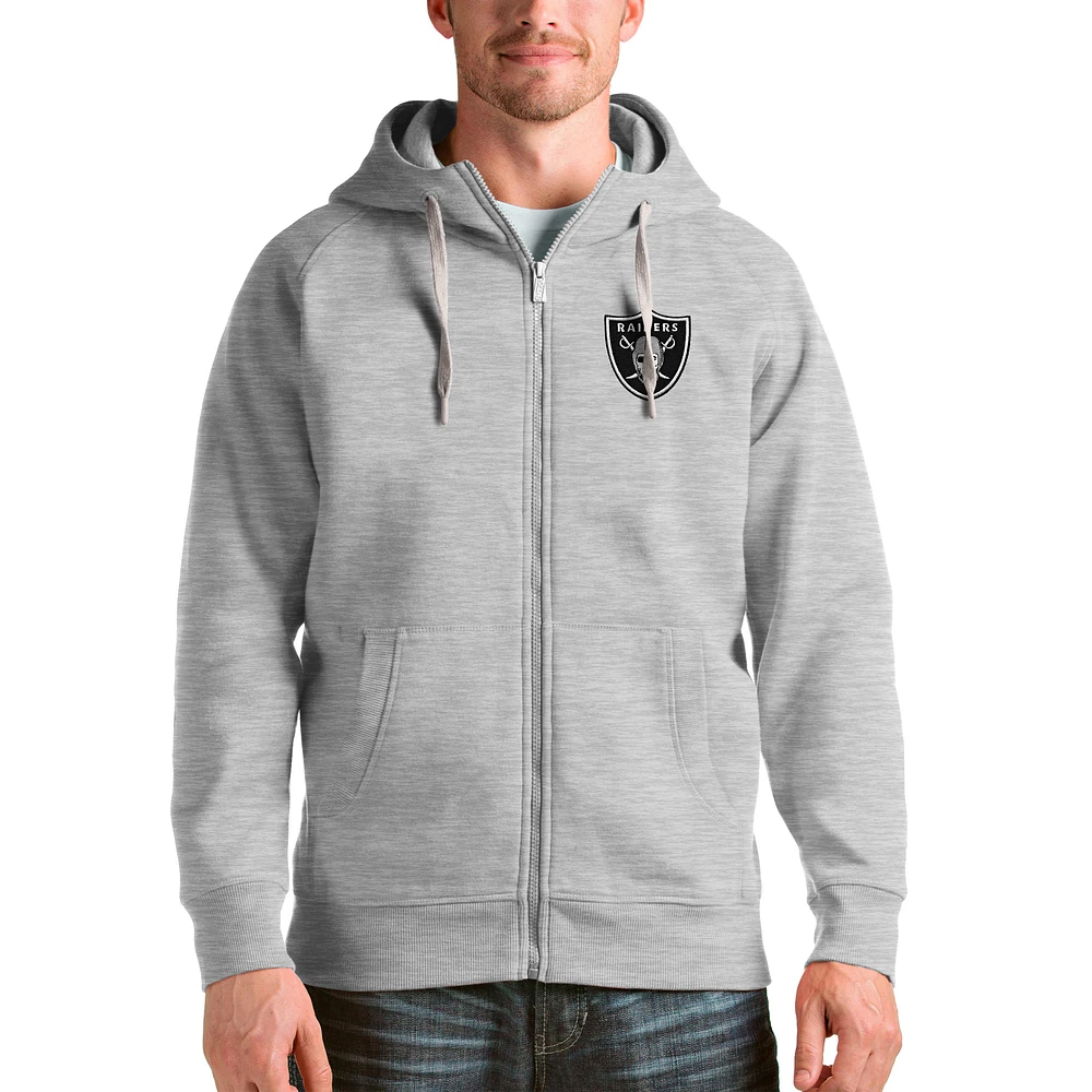 Men's Antigua Heathered Gray Las Vegas Raiders Logo Victory Full-Zip Hoodie