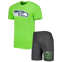 Men's Concepts Sport Charcoal/Neon Green Seattle Seahawks Meter T-Shirt & Shorts Sleep Set