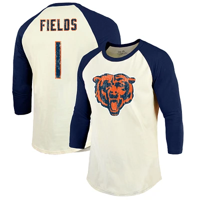 Men's Majestic Threads Justin Fields Cream/Navy Chicago Bears Vintage Player Name & Number 3/4-Sleeve Fitted T-Shirt