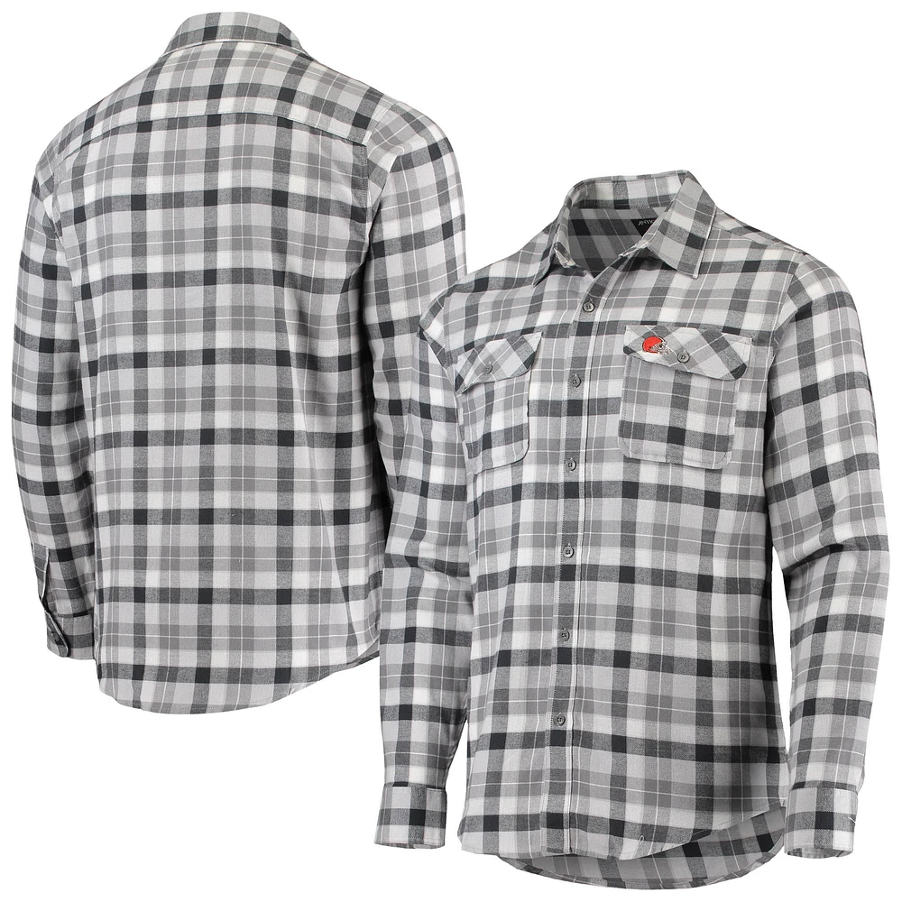 Men's Antigua Charcoal/Gray Cleveland Browns Ease Flannel Long Sleeve Button-Up Shirt