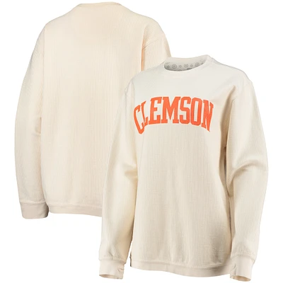 Women's Pressbox White Clemson Tigers Comfy Cord Vintage Wash Basic Arch Pullover Sweatshirt