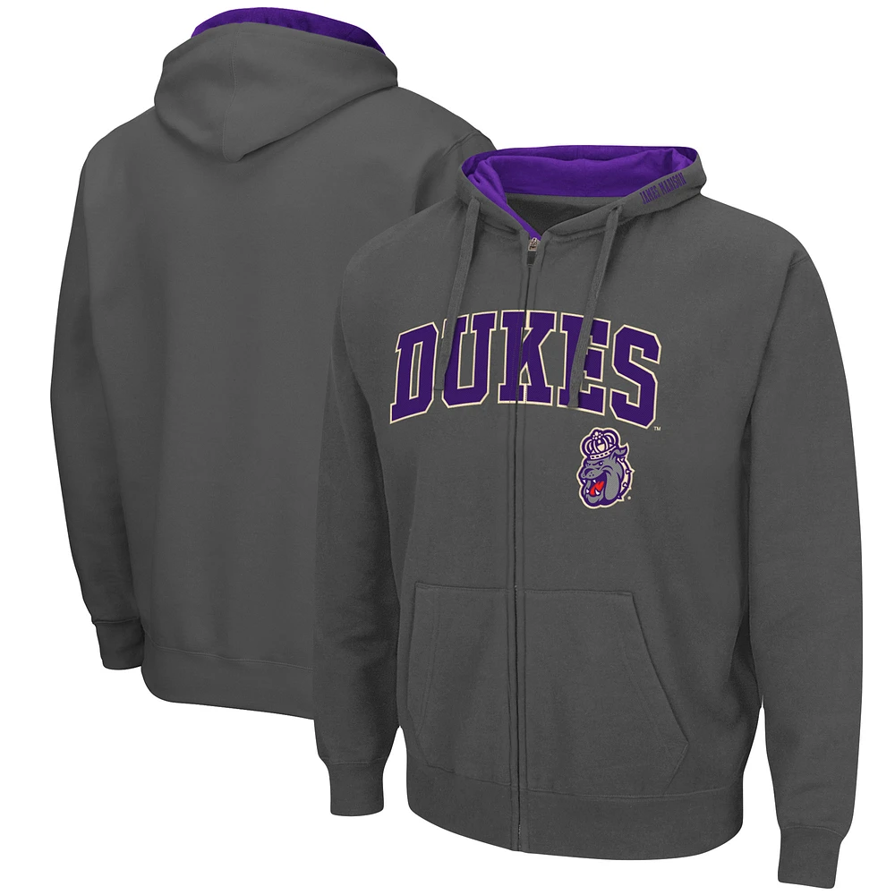 Men's Colosseum Charcoal James Madison Dukes Arch & Logo 3.0 Full-Zip Hoodie