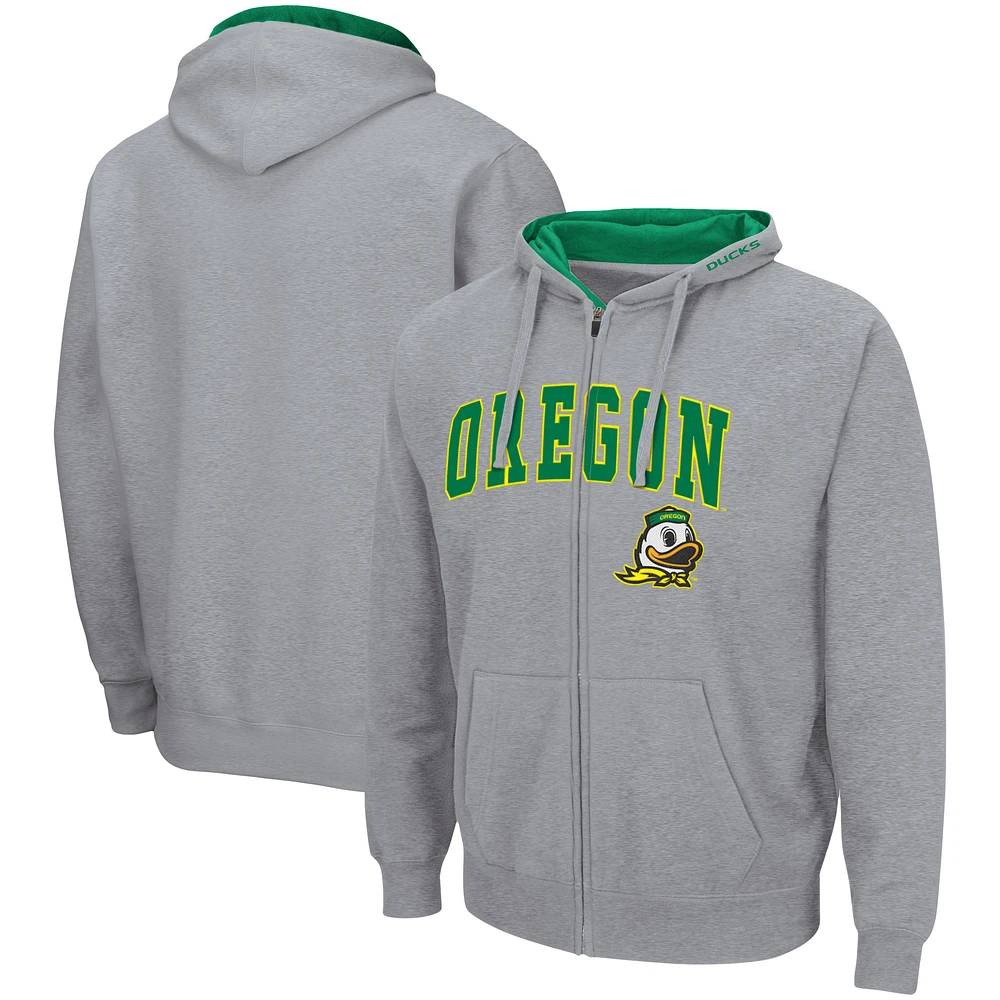 Men's Colosseum Heathered Gray Oregon Ducks Arch & Logo 3.0 Full-Zip Hoodie