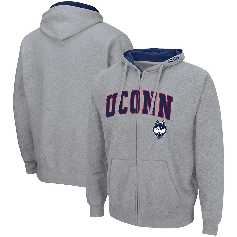 Men's Colosseum Heathered Gray UConn Huskies Arch & Logo 3.0 Full-Zip Hoodie