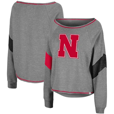 Women's Colosseum Heathered Gray Nebraska Huskers Amped Chevron Stripe Raglan Boat Neck Pullover Sweatshirt