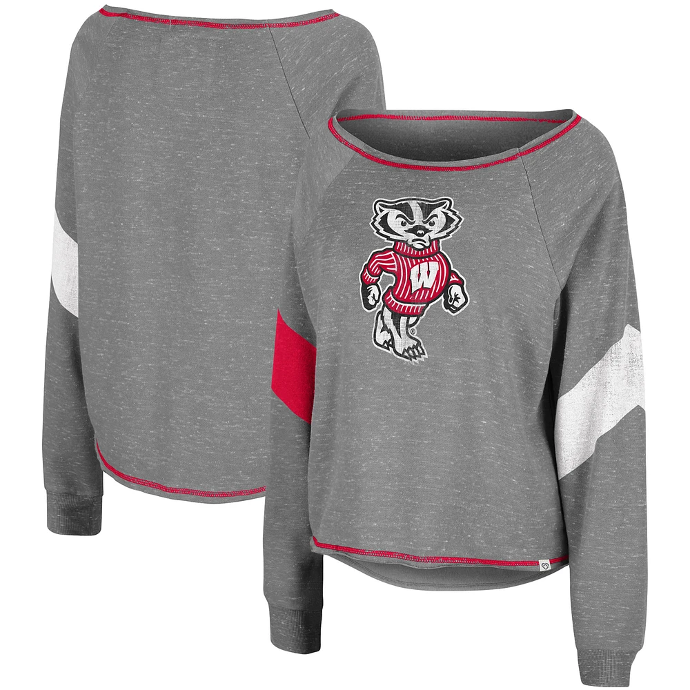 Women's Colosseum Heathered Gray Wisconsin Badgers Amped Chevron Stripe Raglan Boat Neck Pullover Sweatshirt