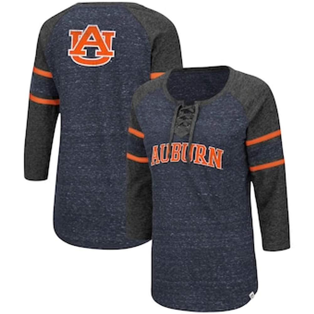 Women's Colosseum Navy/Heathered Charcoal Auburn Tigers Scienta Pasadena Raglan 3/4 Sleeve Space Dye Lace-Up T-Shirt