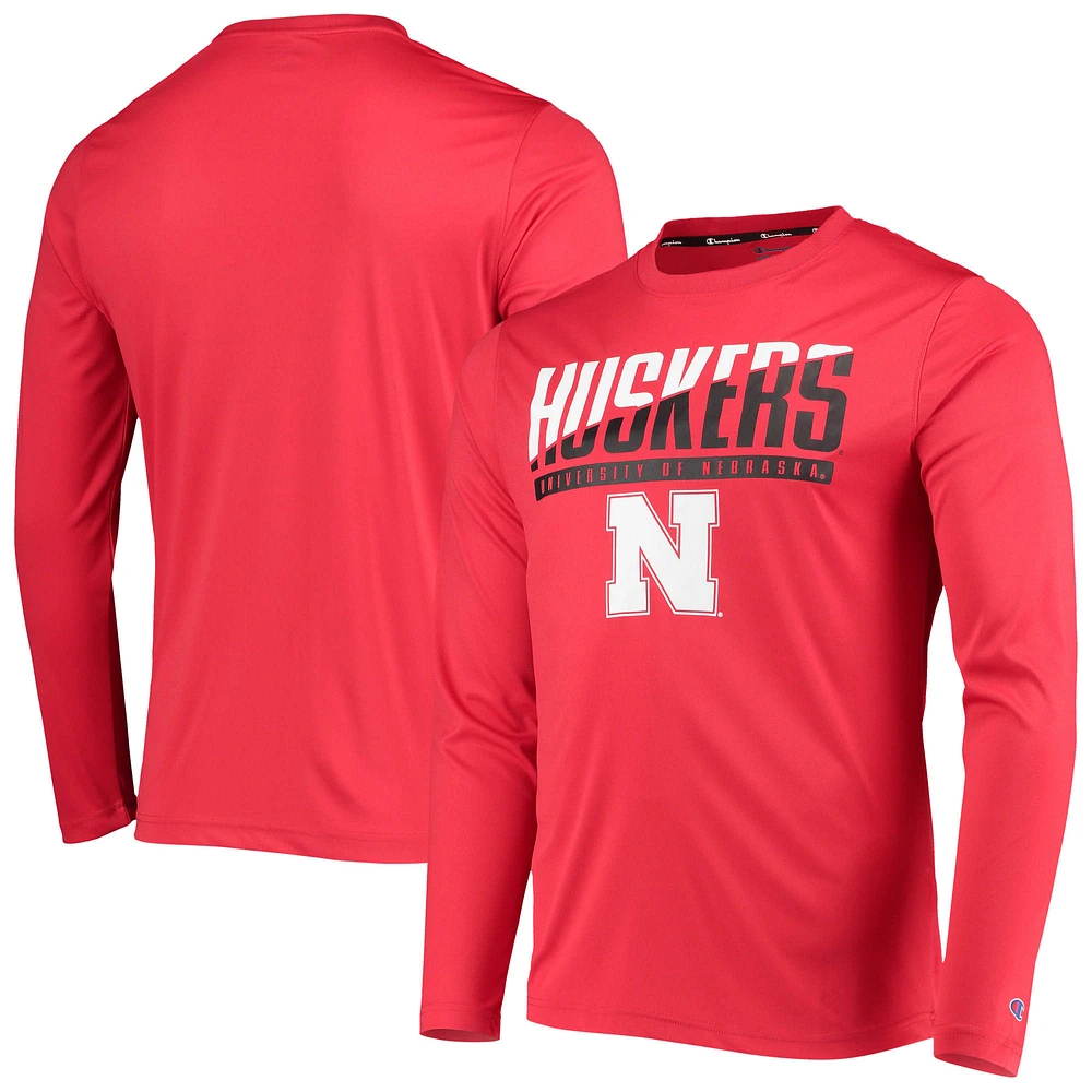 Men's Champion Scarlet Nebraska Huskers Wordmark Slash Long Sleeve T-Shirt