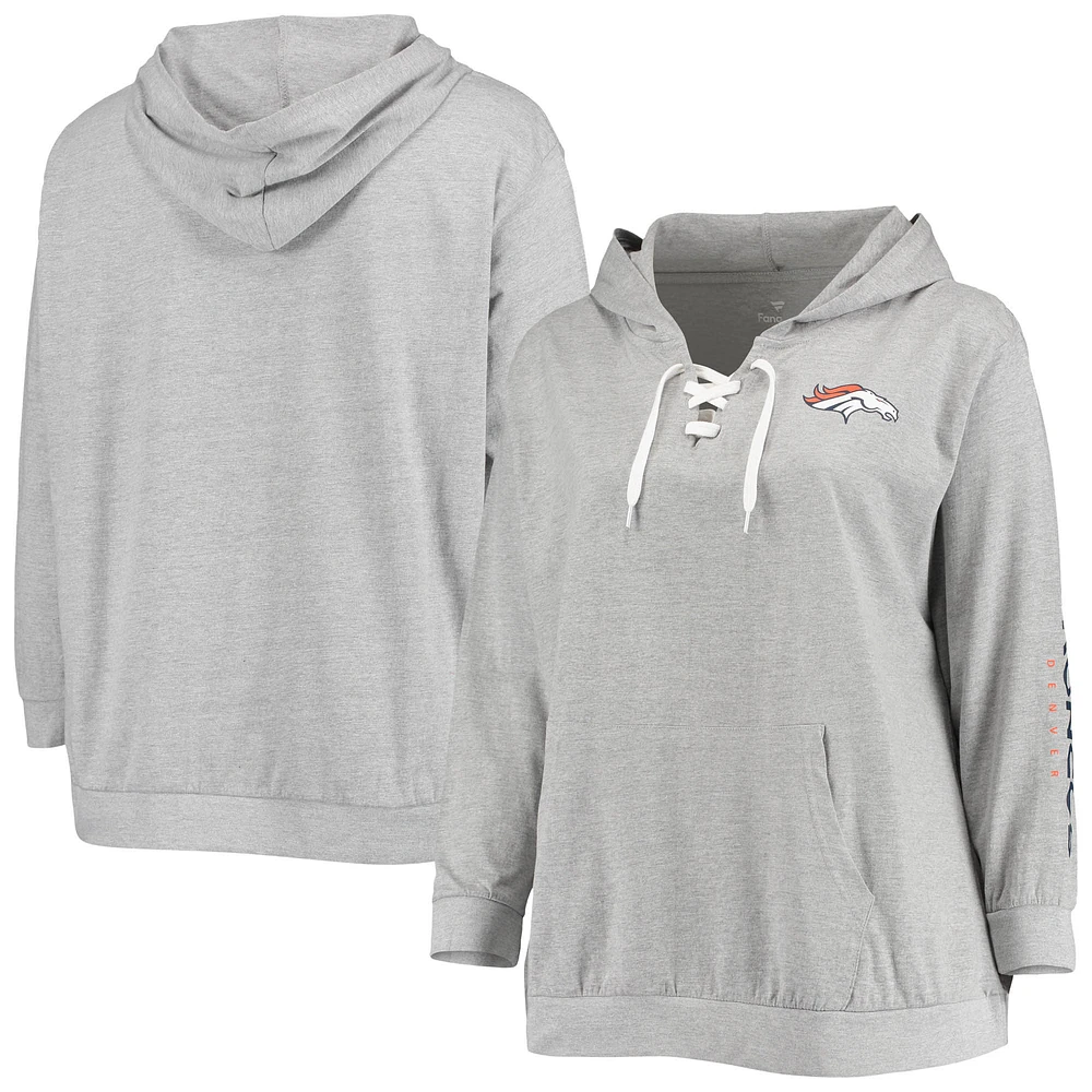 Women's Fanatics Heathered Gray Denver Broncos Plus Size Lace-Up Pullover Hoodie