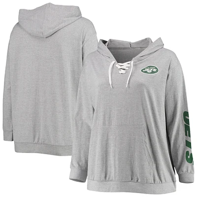 Women's Fanatics Heathered Gray New York Jets Plus Size Lace-Up Pullover Hoodie