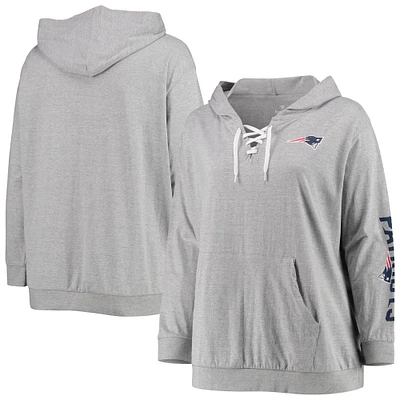 Women's Fanatics Heathered Gray New England Patriots Plus Lace-Up Pullover Hoodie