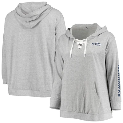 Women's Fanatics Heathered Gray Seattle Seahawks Plus Lace-Up Pullover Hoodie