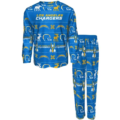 Youth Powder Blue Los Angeles Chargers Allover Print Long Sleeve T-Shirt & Pants - Sleep Set