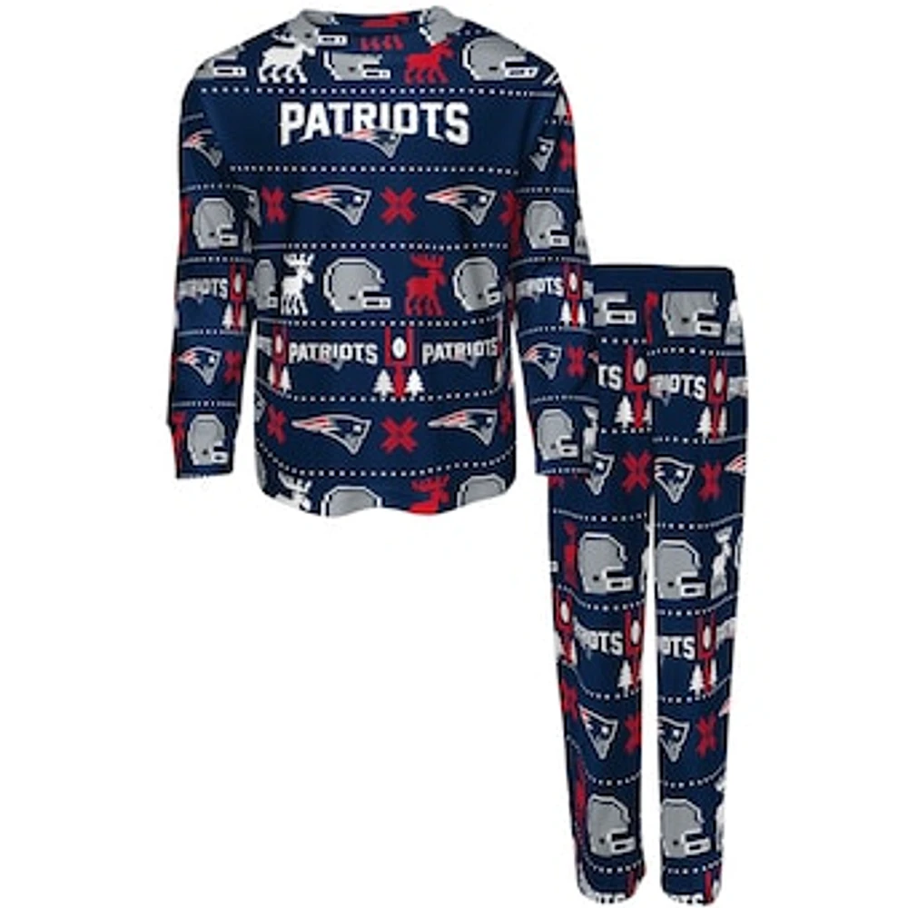 Youth Navy New England Patriots Allover Print Long Sleeve T-Shirt & Pants - Sleep Set