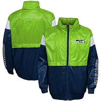 Youth Neon Green/College Navy Seattle Seahawks Goal Line Stance Full-Zip Hoodie Windbreaker