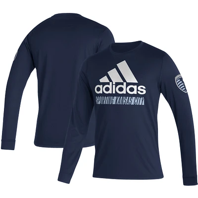 Men's adidas Navy Sporting Kansas City Vintage AEROREADY Long Sleeve T-Shirt