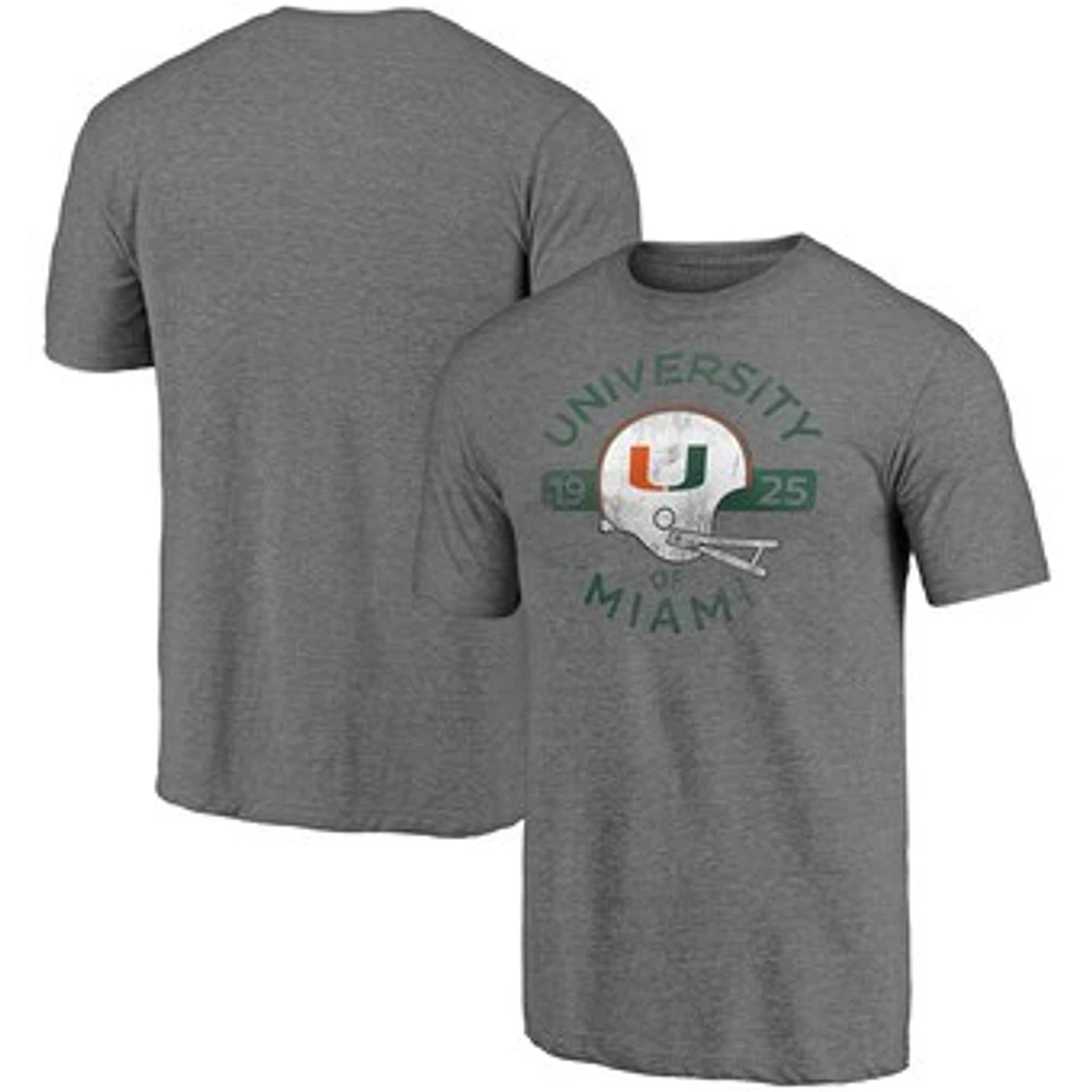 Men's Fanatics Heathered Gray Miami Hurricanes Throwback Helmet Tri-Blend T-Shirt