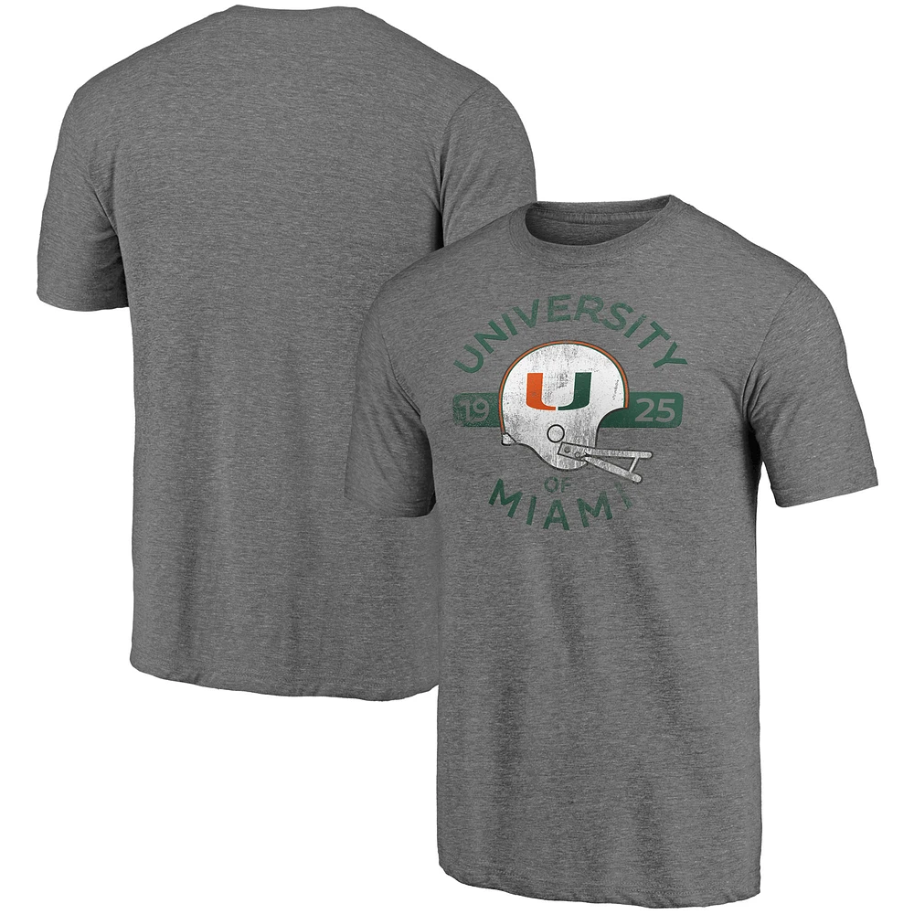 Men's Fanatics Heathered Gray Miami Hurricanes Throwback Helmet Tri-Blend T-Shirt