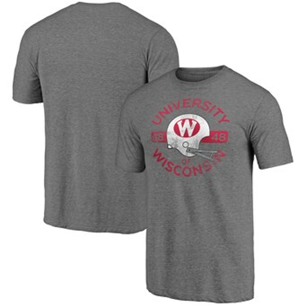 Men's Fanatics Heathered Gray Wisconsin Badgers Throwback Helmet Tri-Blend T-Shirt