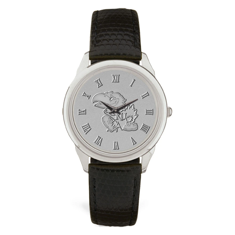 Men's Silver/Black Kansas Jayhawks Medallion Leather Wristwatch