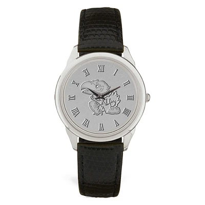 Men's Silver/Black Kansas Jayhawks Medallion Leather Wristwatch