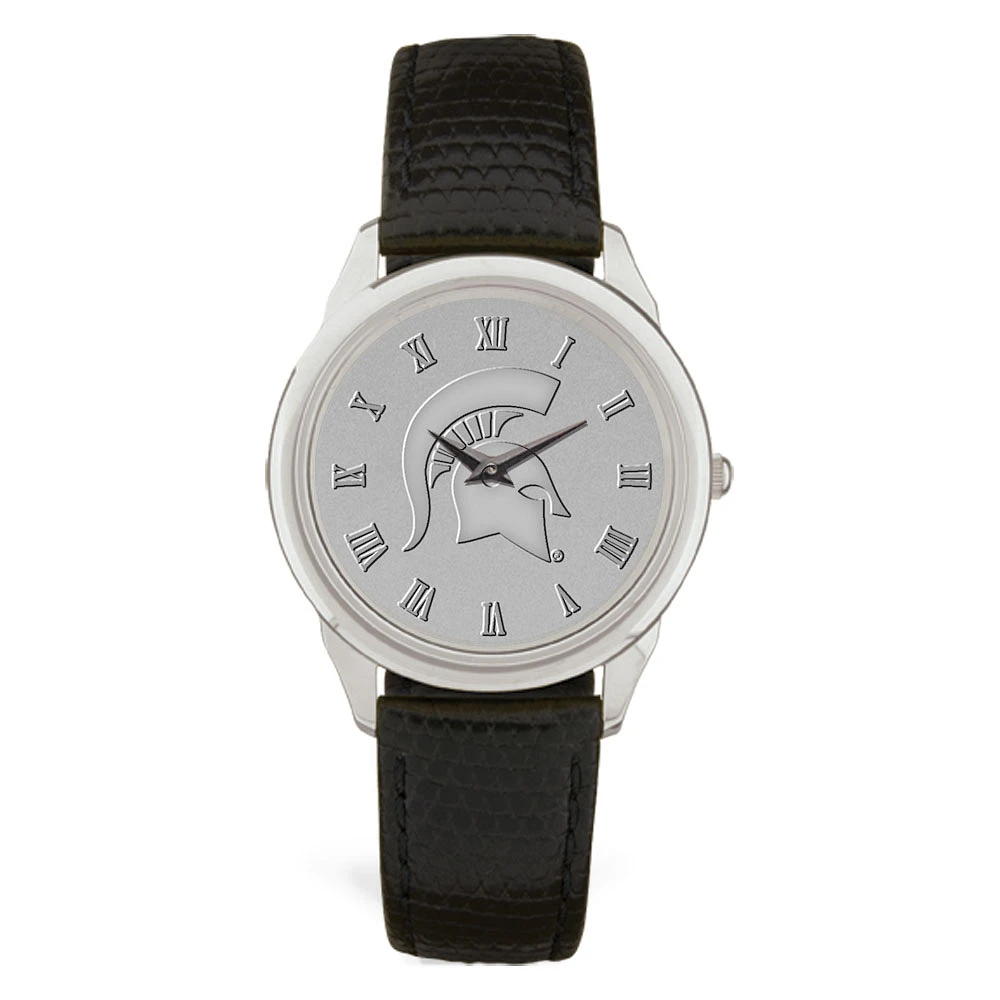 Men's Silver/Black Michigan State Spartans Medallion Leather Wristwatch