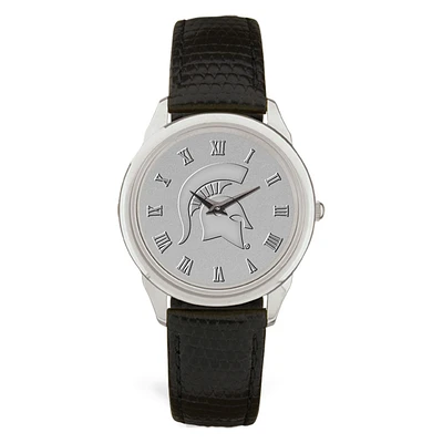 Men's Silver/Black Michigan State Spartans Medallion Leather Wristwatch