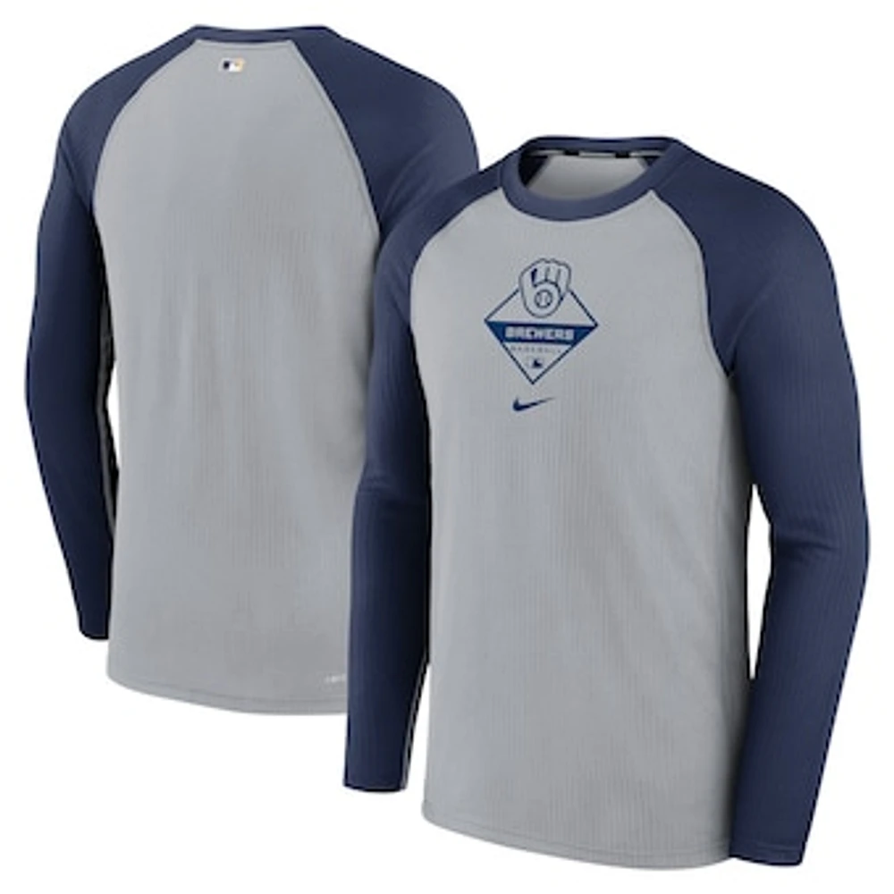 Men's Nike Gray/Navy Milwaukee Brewers Game Authentic Collection Performance Raglan Long Sleeve T-Shirt