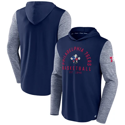 Men's Fanatics Navy/Heathered Navy Philadelphia 76ers Deep Rotation Performance Pullover Hoodie