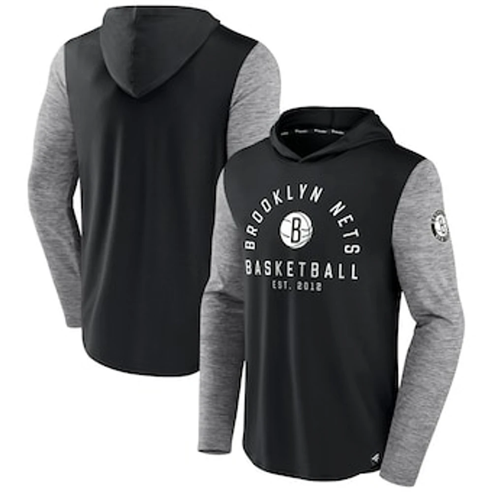 Men's Fanatics Black/Heathered Charcoal Brooklyn Nets Deep Rotation Performance Pullover Hoodie