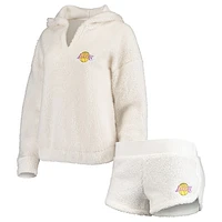 Women's Concepts Sport Cream Los Angeles Lakers Fluffy Long Sleeve Hoodie Top & Shorts Sleep Set