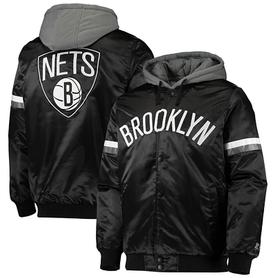 Men's Starter Black/Gray Brooklyn Nets NBA 75th Anniversary Full-Snap Varsity Hoodie Jacket