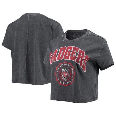 Women's Pressbox Heather Black Wisconsin Badgers Edith Vintage Burnout Crop T-Shirt