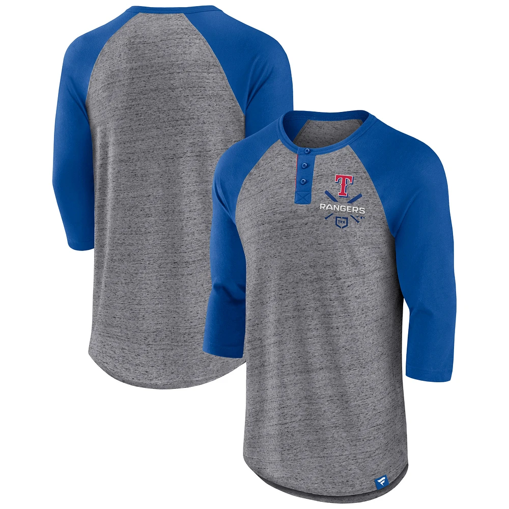 Men's Fanatics Heathered Gray/Royal Texas Rangers Iconic Above Heat Speckled Raglan Henley 3/4 Sleeve T-Shirt