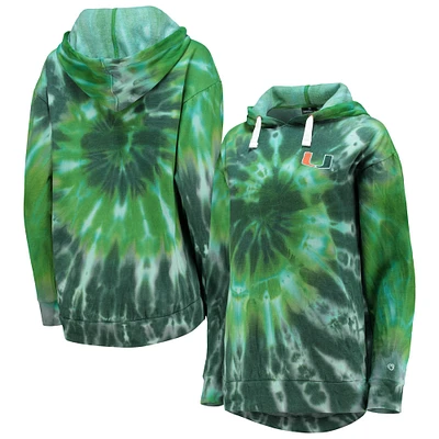 Women's Colosseum Green Miami Hurricanes Slow Ride Spiral Tie-Dye Oversized Pullover Hoodie