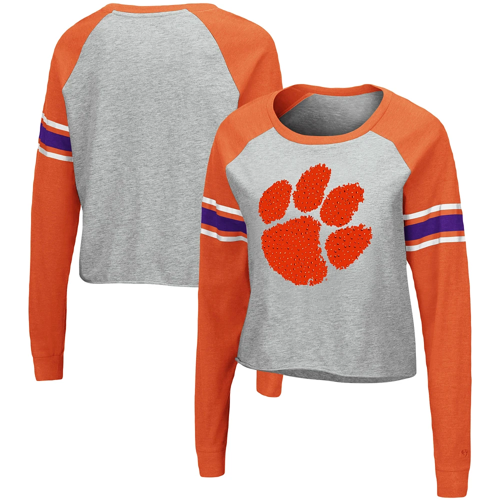 Women's Colosseum Heathered Gray/Orange Clemson Tigers Decoder Pin Raglan Long Sleeve T-Shirt