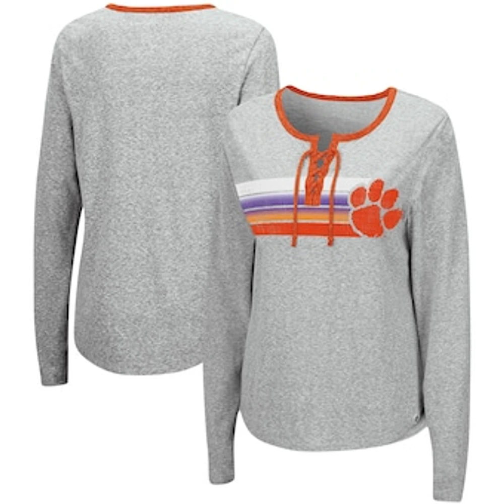 Women's Colosseum Heathered Gray Clemson Tigers Sundial Tri-Blend Long Sleeve Lace-Up T-Shirt