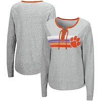 Women's Colosseum Heathered Gray Clemson Tigers Sundial Tri-Blend Long Sleeve Lace-Up T-Shirt