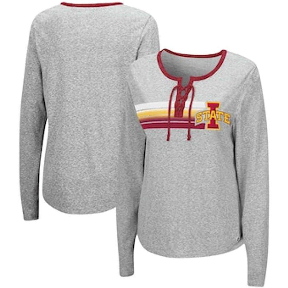 Women's Colosseum Heathered Gray Iowa State Cyclones Sundial Tri-Blend Long Sleeve Lace-Up T-Shirt