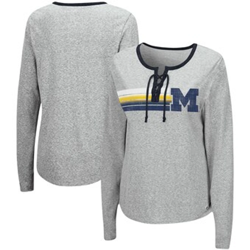 Women's Colosseum Heathered Gray Michigan Wolverines Sundial Tri-Blend Long Sleeve Lace-Up T-Shirt