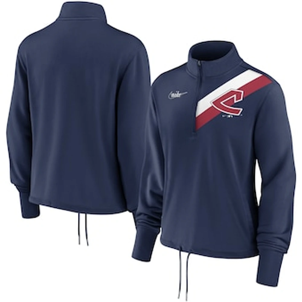 Women's Nike Navy Cleveland Indians 1973-77 Cooperstown Collection Rewind Stripe Performance Half-Zip Pullover